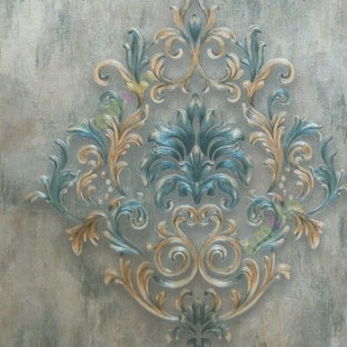 Blue gold grey brown color big damask pattern texture finished traditional look wallpaper