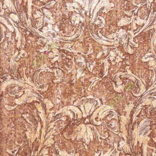 Dark copper brown black green color traditional swirls and flower leaf pattern wallpaper