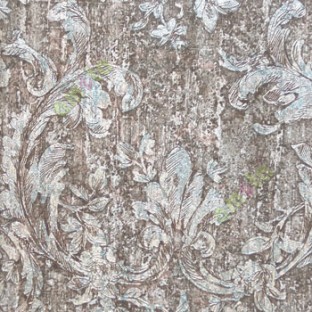 Black beige brown green blue color traditional swirls and flower leaf pattern wallpaper