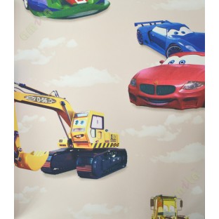 Kids blue red beige car bulldozer cloud home décor wallpaper