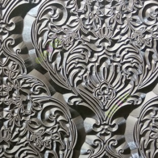 Black grey color traditional damask carved floral leaf texture pattern floral buds big leaf wallpaper