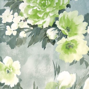Beautiful green cream and grey color summer japanesse flowers with grey black leaf floral design wallpaper