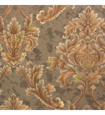 Brown gold color beautiful big damask design flower leaf swirls checks traditional floral pattern home décor wallpaper