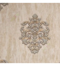 Gold brown beige grey color traditional big damask design swirls palace finished look wooden texture plank finished home décor wallpaper