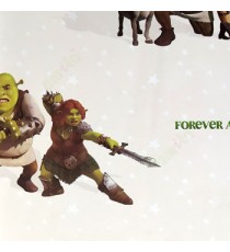 Brown green beige color shrek princess fiona donkey swards fighting white stars texture surface kids home décor wallpaper