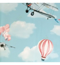 Blue red pink white orange color Old fighter plane isolated air ballon propeller plane clouds home décor wallpaper