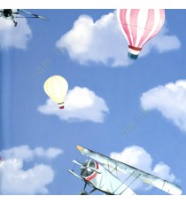 Blue pink blue orange purple green color Old fighter plane isolated air ballon propeller plane clouds home décor wallpaper