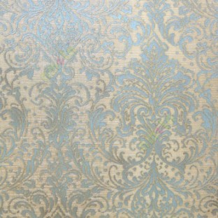 Blue brown color traditional big and busy damask pattern embossed carved finished wallpaper