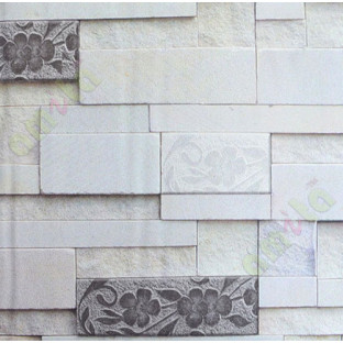 Black white brown yellow stone cut finish brick design with floral cropped home décor wallpaper for walls
