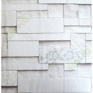 White black silver stone cut finish brick design with floral cropped home décor wallpaper for walls
