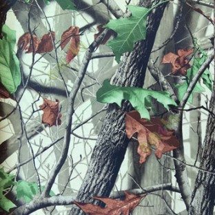 Real black brown grey cream color Big tree in the jungle and falling leaf green brown color maple leaves with matured rough skin tree bark wallpaper