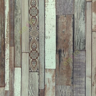 Brown beige black color vertical textured wooden planks shiny finished wallpaper