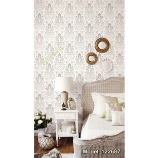Grey white color traditional small damask pattern texture background floral petals swirl small dots home décor wallpaper