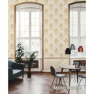 Gold white color traditional damask pattern texture background floral petals swirl small dots home décor wallpaper