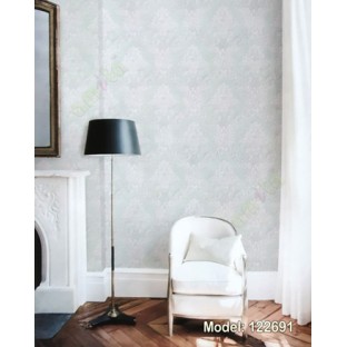 White blue beige color traditional embossed patterns damask texture designs swirls small dots home décor wallpaper