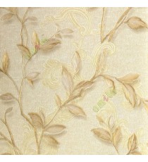 Gold beige cream color floral long leaf texture finished traditional swirl embossed pattern home décor wallpaper