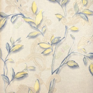 Blue yellow beige color floral long leaf texture finished traditional swirl embossed pattern home décor wallpaper