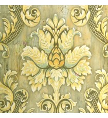 Gold black cream blue color traditional big damask design floral swirl leaves texture wooden layers background concrete plaster home décor wallpaper