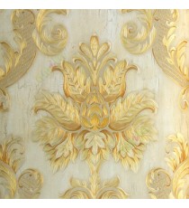 Gold brown beige color traditional big damask design floral swirl leaves texture wooden layers background concrete plaster home décor wallpaper