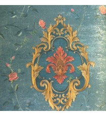 Sea green red gold color traditional big damask design rose flower long stem support leaves flowing plants swirl home décor wallpaper