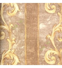 Dark chocolate brown gold color traditional large swirl carved finished designs vertical texture lines home décor wallpaper