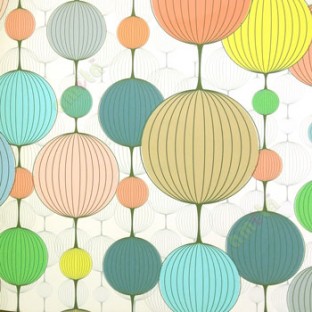 Contemporary brown bluw black green cream color circle globe and lines interconnected all circles pattern wallpaper