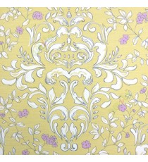 Traditional purple flower with big floral damask petels black border in yellow color backgreound smooth finished wallpaper
