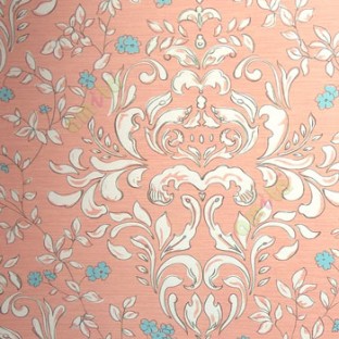 Traditional blue flower with big floral damask petels black border in peach color backgreound smooth finished wallpaper