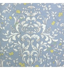 Traditional yellow green flower with big floral damask petels black border in blue color backgreound smooth finished wallpaper