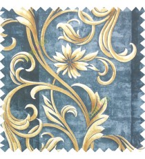 Gold cream blue color beautiful traditional designs big size flower long hanging branches leaves swirls texture background concrete plaster finished base home décor wallpaper