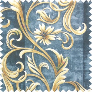 Gold cream blue color beautiful traditional designs big size flower long hanging branches leaves swirls texture background concrete plaster finished base home décor wallpaper