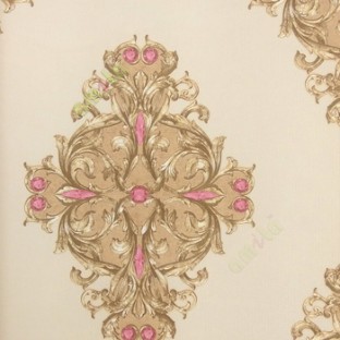 Brown pink beige color traditional big damask design swirls diamonds horizontal lines texture vertical stripes home décor wallpaper