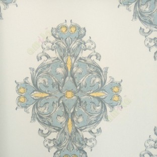 Blue yellow grey white color traditional big damask design swirls diamonds horizontal lines texture vertical stripes home décor wallpaper