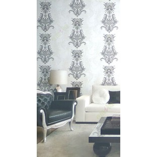 White black brown color traditional big damask design swirls floral leaf pattern texture finished vertical short lines carved home décor wallpaper