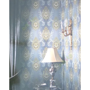 Blue gold grey cream color damask traditional self design swirls floral designs texture finished wallpaper