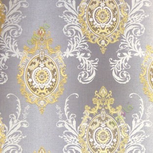 Blue gold grey cream color damask traditional self design swirls floral designs texture finished wallpaper