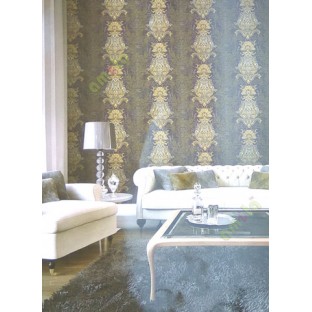 Blue gold cream color traditional big damask design swirls floral leaf pattern texture finished vertical short lines carved home décor wallpaper