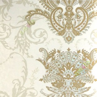 Brown cream silver color traditional big damask design swirls floral leaf pattern texture finished vertical short lines carved home décor wallpaper