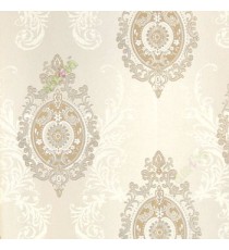 Cream brown silver color damask traditional self design swirls floral designs texture finished wallpaper