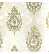 Gold grey silver color damask traditional self design swirls floral designs texture finished wallpaper