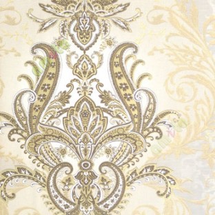 Brown gold cream color traditional big damask design swirls floral leaf pattern texture finished vertical short lines carved home décor wallpaper