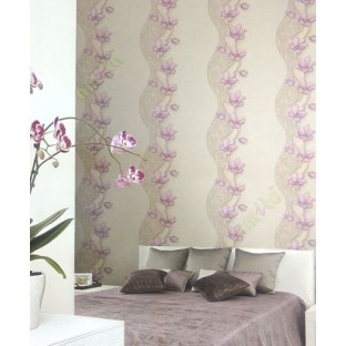 Purple brown gold color traditional big flower vertical flowing swirls wave design elegant look texture finished wallpaper
