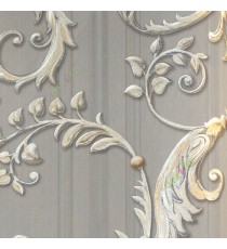 Grey gold silver color traditional big swirls and vertical texture stripes wallpaper