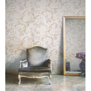 Cream silver gold color traditional big swirls and vertical texture stripes wallpaper