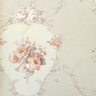 Blue pink grey cream color traditional bunch of rose flower leaf design oval shaped floral borders texture finished vertical lines wallpaper