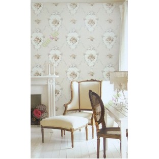 Gold white brown cream color traditional bunch of rose flower leaf design oval shaped floral borders texture finished vertical lines wallpaper