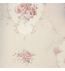 Pink cream gold grey brown color traditional bunch of rose flower leaf design oval shaped floral borders texture finished vertical lines wallpaper