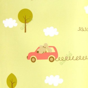 Green red brown white color kids car with wire big leaf tree clouds texture finished kids wallpaper