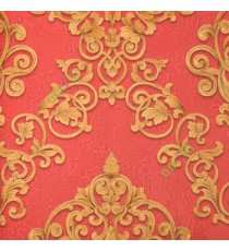 Red gold black color traditional designs texture surface floral damask pattern swirls carved lines home décor wallpaper