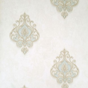 Cream color background with blue and light brown color traditional designs embossed pattern concrete finished surface wallpaper